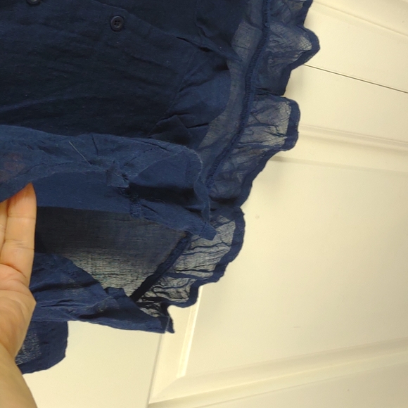 Volcom Blue Sheer Gauzy Hi-Lo Button LS Ruffle Hem Boho Tunic Blouse - Picture 7 of 15